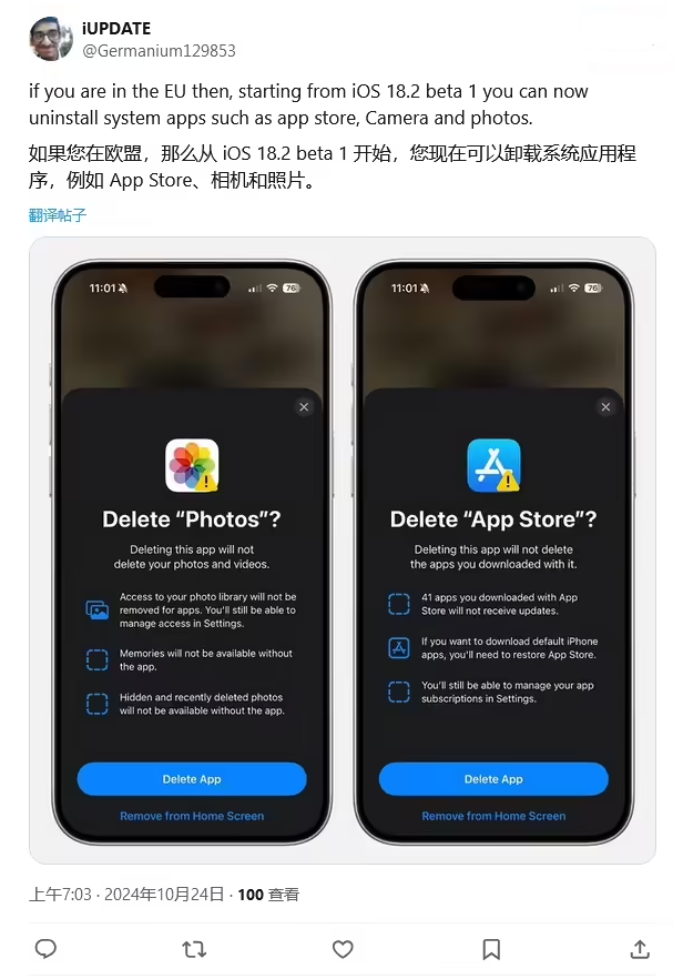 盘锦苹果手机维修分享iOS 18.2 支持删除 App Store 应用商店 